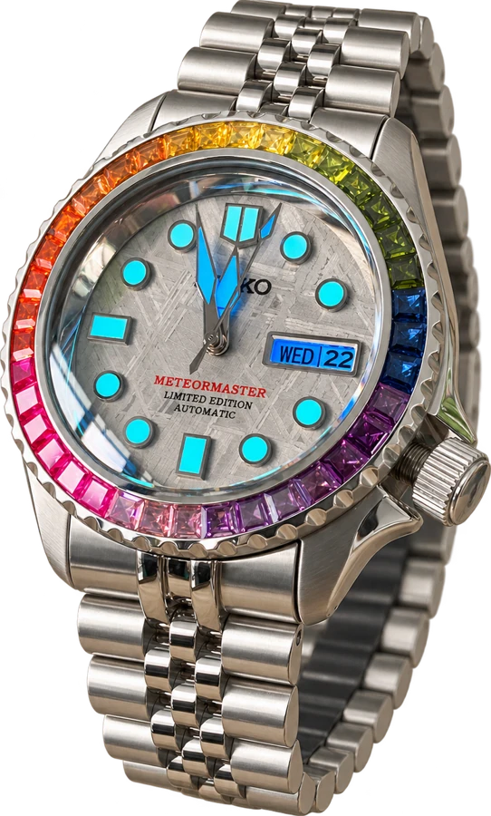 Rainbow-bezel meteorite watch with cyan markers and complete bracelet — AI-assisted wider view