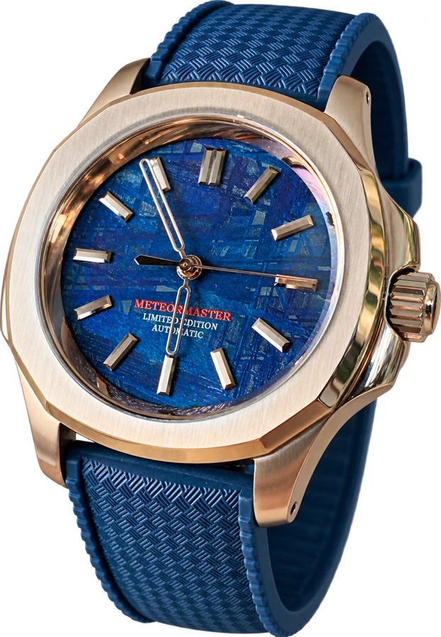 Blue meteorite cushion watch with complete blue strap — AI-assisted wider view
