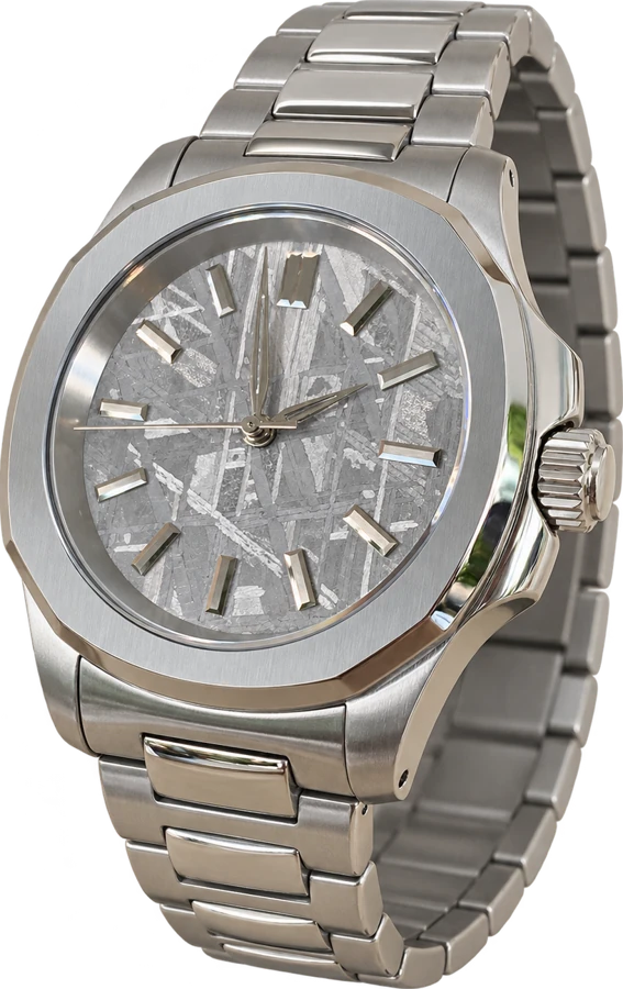 Silver meteorite cushion watch with complete bracelet — AI-assisted wider view